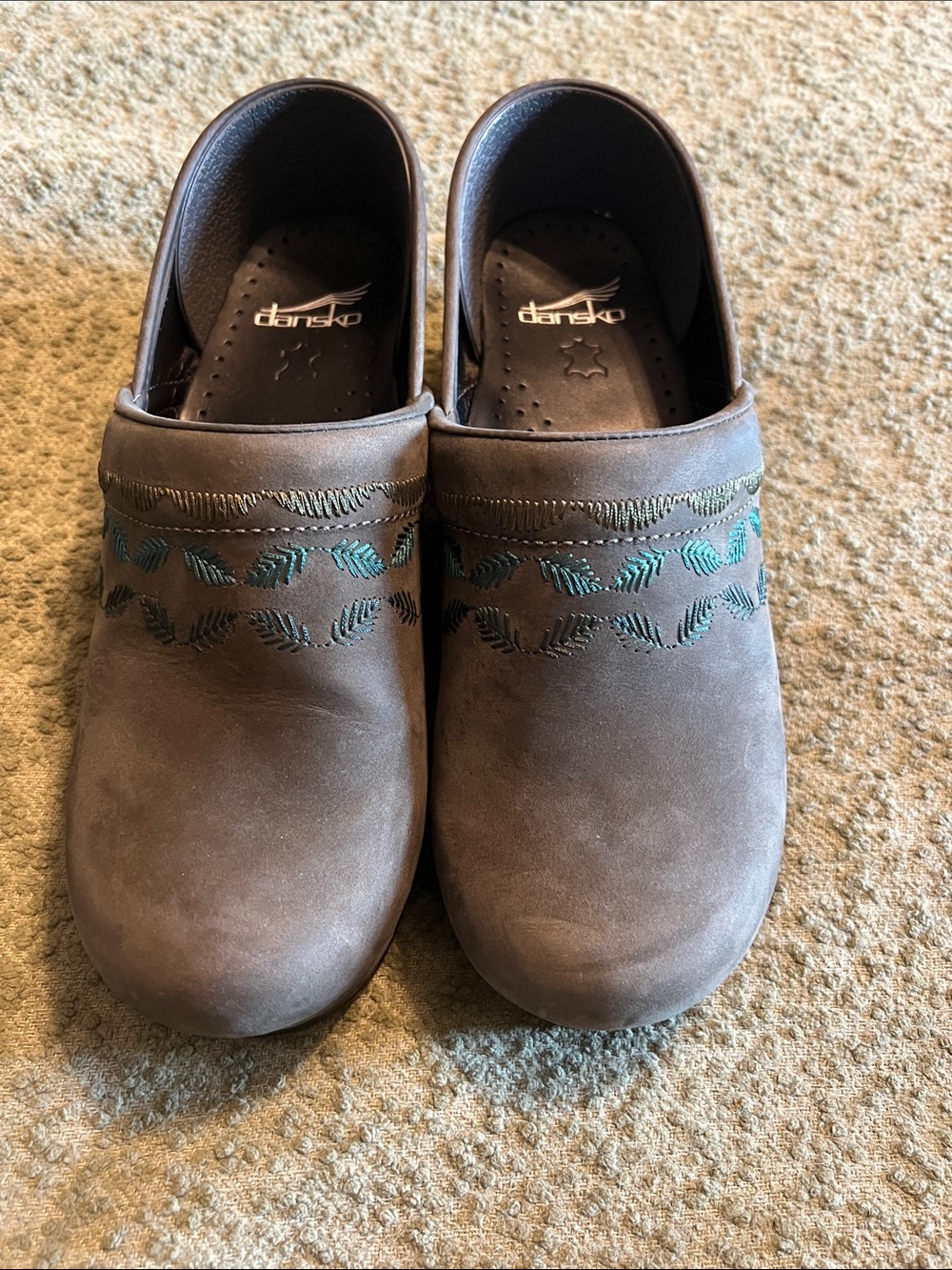 Dansko Gray Leather Clogs with Teal/ Olive Leaf Embroidery
